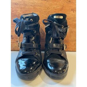 MICHAEL KORS Black Patent LIZZIE Hi High Top Wedge Platform Sneakers Booties 7.5